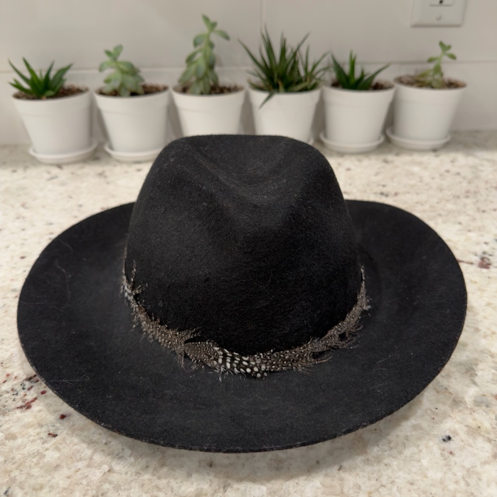 August Hat Company Black Wool Felt Fedora Wide Brim Feather Band